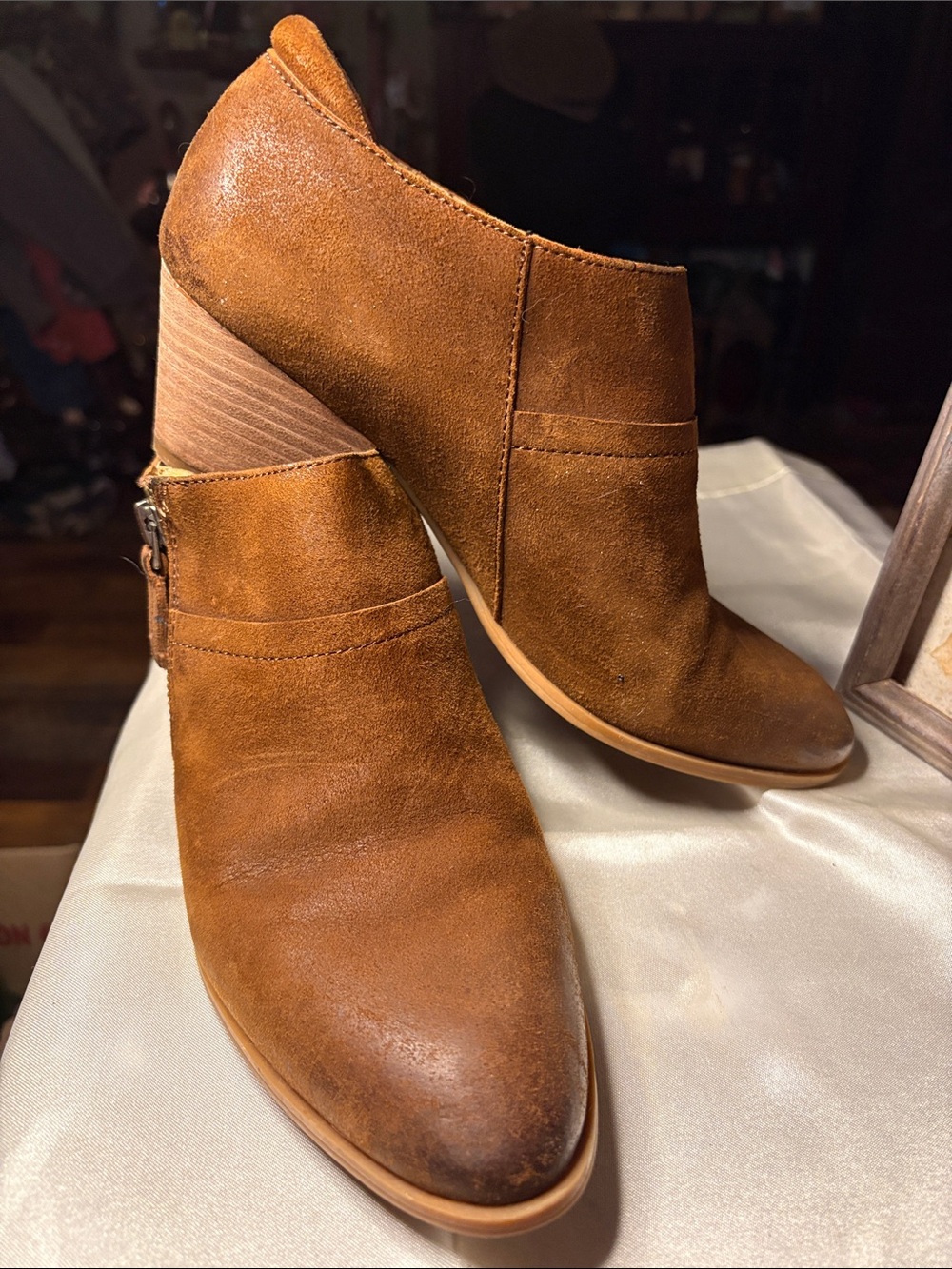 Franco Sarto Brown Leather Ankle Booties Block Heel Side Zip Women's size 8.